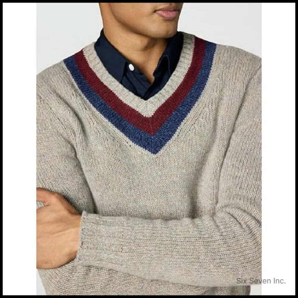 Classic V-Neck Tennis Sweater Preppy Elegant Wool Blend Long Sleeve Pullover